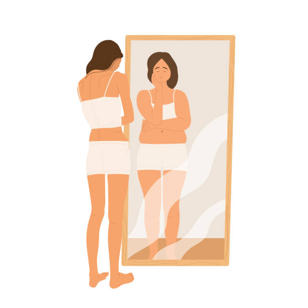 A sad young woman looking at her distorted reflection in the mirror. Self hate, body shaming, dissatisfaction with appearance. Anorexia, dysmorphophobia concept. Vector illustration in cartoon style. A sad young woman looking at her distorted reflection in the mirror. Rejection of yourself, body shaming, dissatisfaction with appearance. Anorexia, dysmorphophobia concept. Vector illustration in cartoon style. Isolated white background. eating disorder stock illustrations