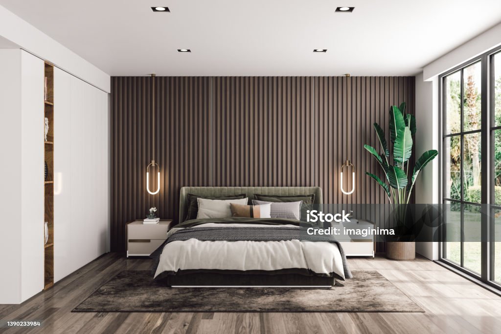 Modern Luxury Bedroom Interior of a modern luxury bedroom with garden view. Bedroom Stock Photo