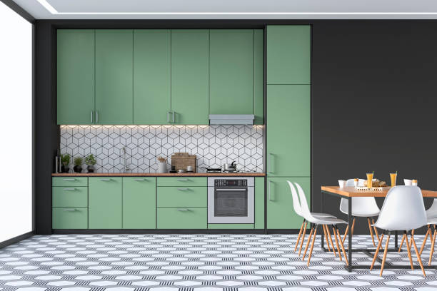 istock Modern kitchen and dining room on retro tiled floor 1390237834