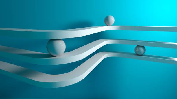 White spheres on curved lanes over blue wall, 3d stock photo