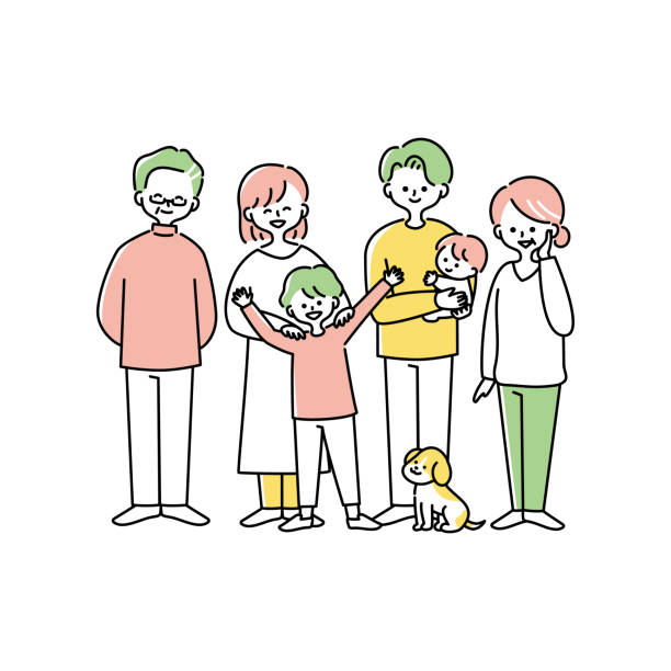 Illustration of a happy three-generation family Illustration of a happy three-generation family family reunion clip art stock illustrations