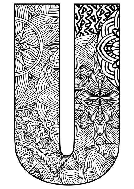 capital letter U decorated with mandalas and geometric figures on a white background for coloring, vector, coloring pages capital letter U decorated with mandalas and geometric figures on a white background for coloring, vector, coloring pages, mandala letter u with words stock illustrations