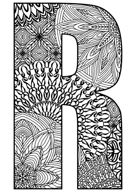 illustrations, cliparts, dessins animés et icônes de lettre majuscule r décorée de mandalas et de figures géométriques sur fond blanc pour colorier, vectoriel, coloriage - letter r alphabet alphabetical order backgrounds