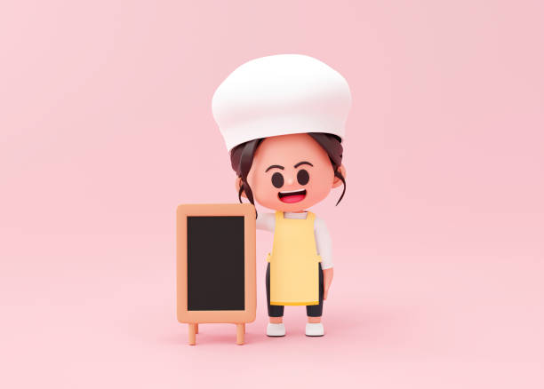 istock Cute young woman chef in uniform standing with open or menu blackboard sign restaurant cook mascot on pink background 3d rendering 1390248937