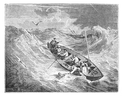 Vintage engraved illustration - Rescue lifeboat at sea helping a drowning person
