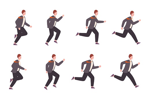Running businessman animation. Run business character sprite sheet loop sequence, 2d runner in suit side view cycle movement of office manager, cartoon splendid vector illustration