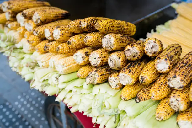 Photo of Famous and cheapest street foods in Istanbul Boiled and Grilled Corn. Smoked grilled roasted corn in cart