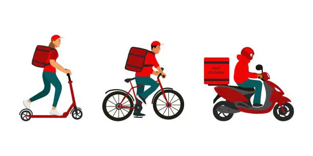 Vector illustration of Delivery service couriers on scooter bicycle and motorcycle hand drawn vector illustration