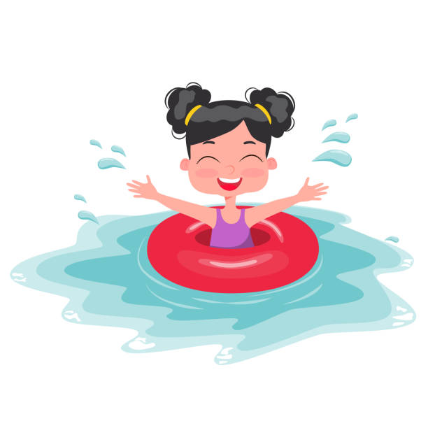 ilustrações de stock, clip art, desenhos animados e ícones de pool party characters. cute little kid girl wearing swimming suit and ring have fun in pool on summer holiday. - swimwear child inner tube little girls