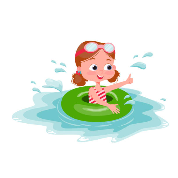 ilustrações de stock, clip art, desenhos animados e ícones de pool party characters. cute little kid girl wearing swimming suit and ring have fun in pool on summer holiday. - swimwear child inner tube little girls