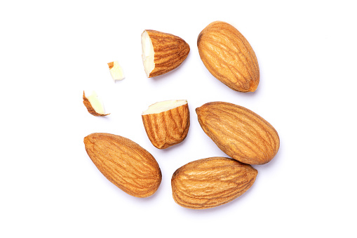 Almond nuts isolated on white background. Top view. Flat lay.Macro