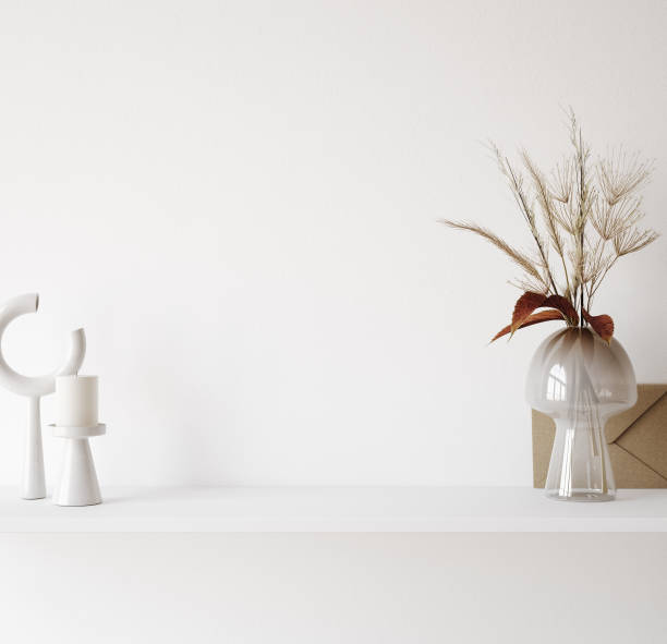 istock Interior wall mockup close up in neutral minimalist scandi style with decor on shelf 1390262106