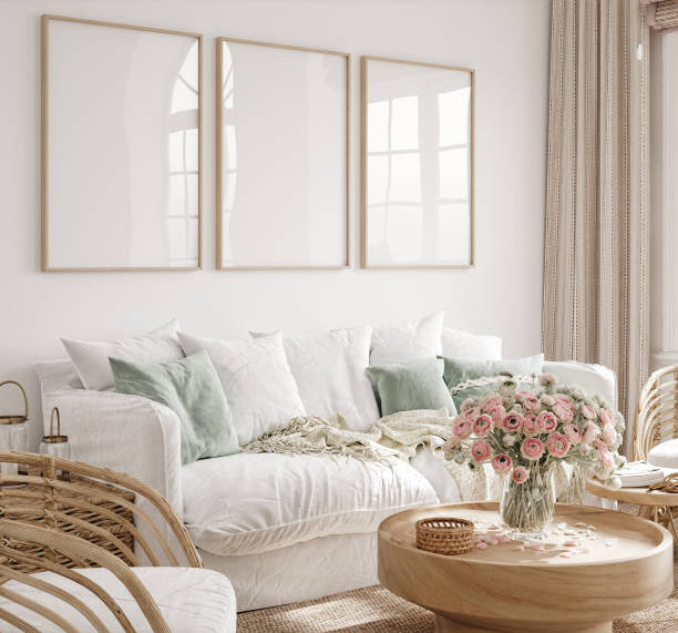 istock Mockup frame in interior background, room in light pastel colors, Scandi-Boho style 1390262107