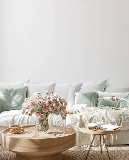 Wall mockup in interior background, room in light pastel colors, Scandi style