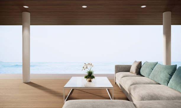 istock Beach Modern Luxury Villa Hotel Ocean Sky with Wood Terrace, 3D Rendering 1390262372