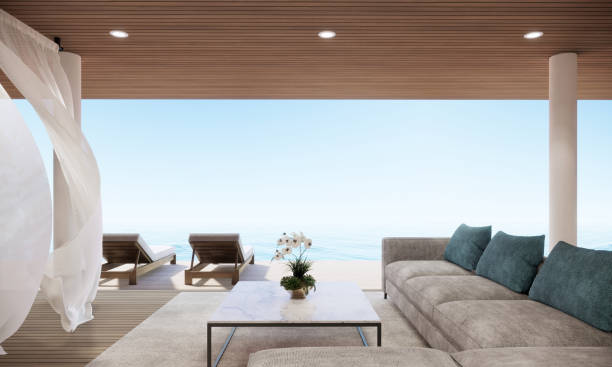 istock Modern Luxury Beach Villa Hotel with Ocean Sky view, 3D Rendering 1390262384