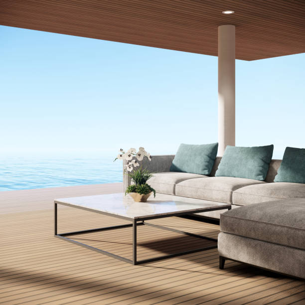 istock Modern Luxury Beach Villa Hotel Ocean Sky, Wood Terrace with sofa and table, 3D Rendering 1390262386