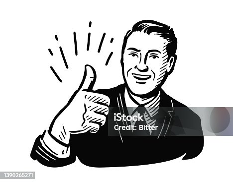 istock Successful businessman gives thumb up in retro style. Likes and positive feel. Vector illustration 1390265271