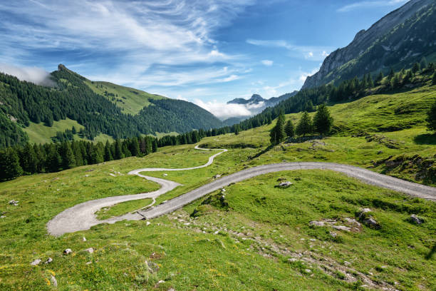 스위스의 appenzellerland의 구불 구불 한 하이킹 트레일 - dirt road tranquil scene blue travel destinations 뉴스 사진 이미지