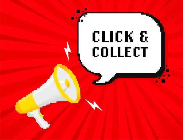 Vector illustration of Click and collect megaphone in pixel style. Web banner. Vector illustration