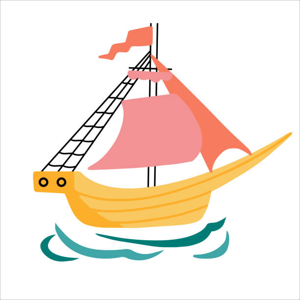 Vintage wooden ship with sails in the sea icon hand drawn in doodle style. Vector illustration Vintage wooden ship with sails in the sea icon hand drawn in doodle style. Vector illustration. anchor free pic stock illustrations