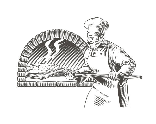 Italian chef cook, pizza and oven isolated on white background. Pizza maker or pizzaiolo engraving or etching style vector illustration.