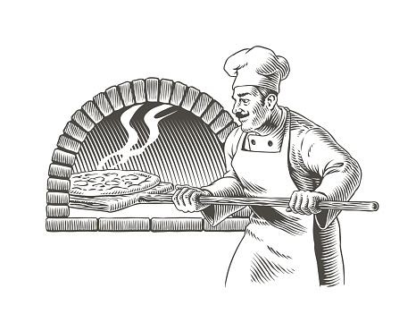 Italian chef cook, pizza and oven isolated on white background. Pizza maker or pizzaiolo engraving or etching style vector illustration.