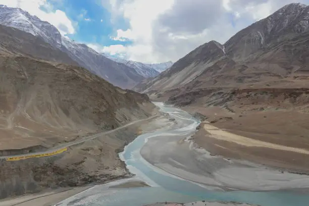 River flowing through mountain in ladakh region of india