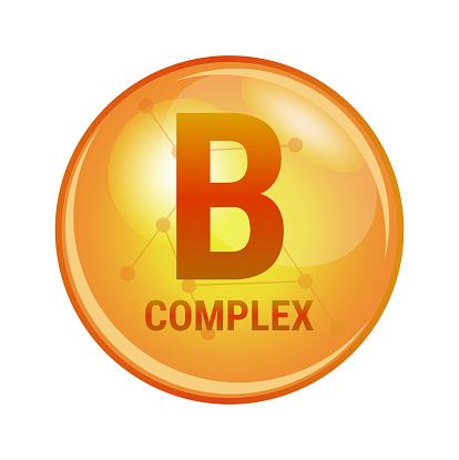 Illustration of vitamin B complex capsule. Vector icon for health and prevention. Gold orange shining pill isolated on a white background. Dietary supplement.