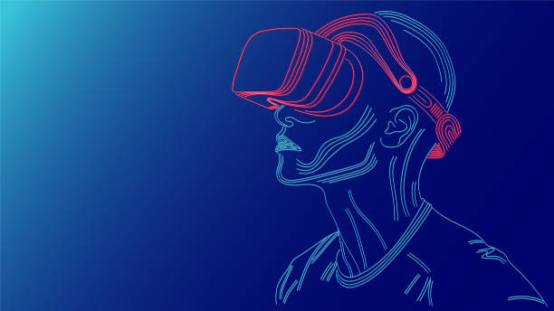illustrations, cliparts, dessins animés et icônes de l’homme de ligne avec casque vr voit sur la lumière bleue - réalité virtuelle