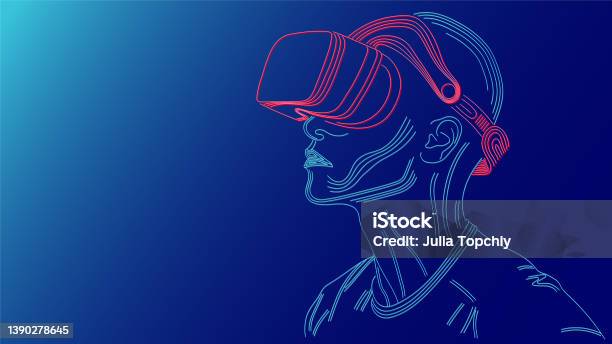 Line Man With Vr Headset Sees On The Blue Light - Arte vetorial de stock e mais imagens de Simulador Realidade Virtual - Simulador Realidade Virtual, Realidade virtual, Metaverso