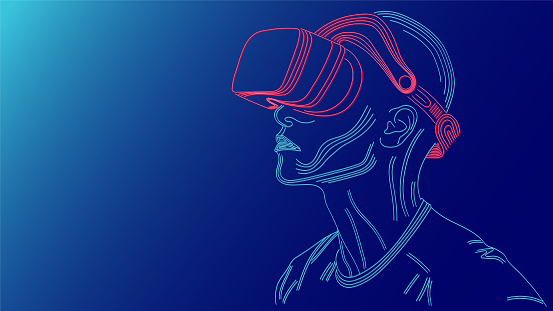Blue line man with red VR headset looks at the top left angle where there is the blue light. Head of man who is in the virtual reality or argumented reality.