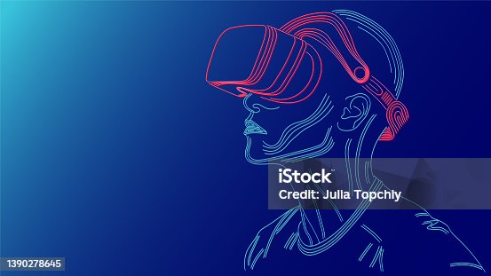 istock Line man with VR headset sees on the blue light 1390278645