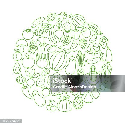 istock Line Colage Fruits and Veghetables on Green 1390278794