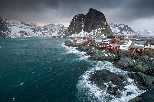 The fisherman village of Hamnoy hamnøy in winter with strong wind - Lofoten Islands - Norway