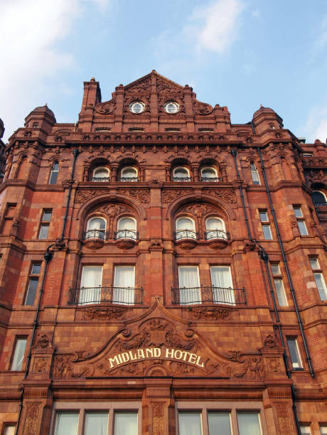 the facade of the historic midland hotel on peter street in manchester - midlands imagens e fotografias de stock