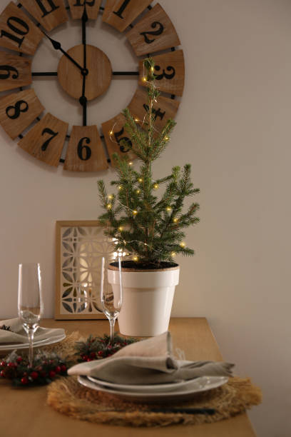 istock Small potted fir tree on dining table indoors. Interior design 1390281617