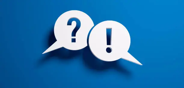 White speech bubbles with question exclamation marks on blue background
