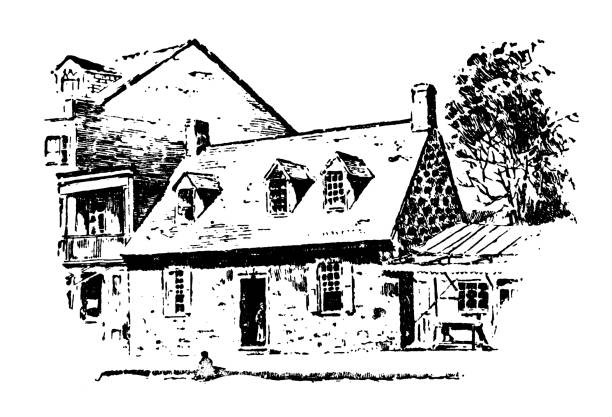 Antique illustration of USA, New York landmarks and companies: Tappan, House where major Andre was tried Antique illustration of USA, New York landmarks and companies: Tappan, House where major Andre was tried major cities stock illustrations