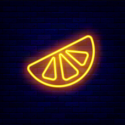Orange slice neon icon. Citrus emblem. Summer concept. Fruit shop signboard. Outer glowing effect banner. Editable stroke. Vector stock illustration