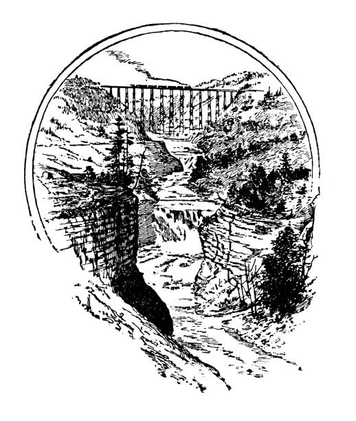 antique illustration of usa, new york landmarks and companies: genesee river, portage falls and bridge - alaska illüstrasyonlar stock illustrations