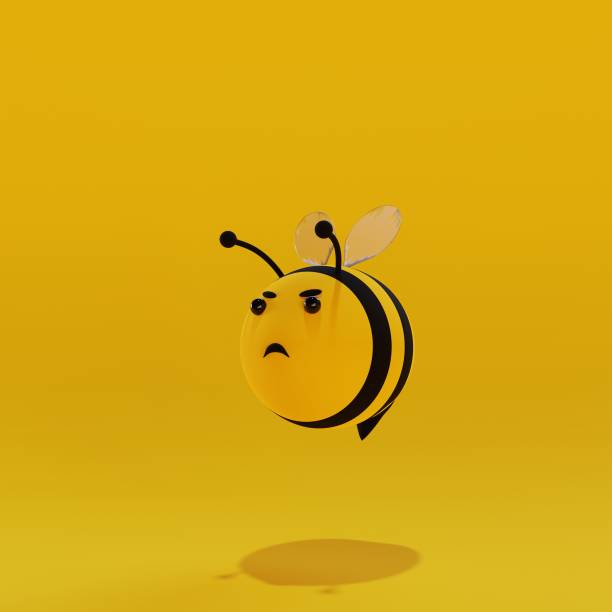 Character of cute bee in attack on yellow background. 3D render
