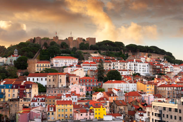 Lisbon, Portugal downtown skyline towards the river at dusk.
