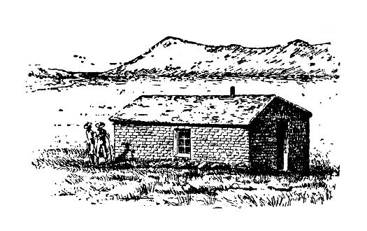 Antique illustration of USA, North Dakota landmarks and companies: Turtle Mountains, Sod House