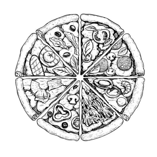 Vector illustration of Traditional Italian pizza top view. Different pizza slices. Hand drawn sketch style. Margherita, seafood, vegetarian, Pepperoni etc. Best for package and menu design. Vector illustration.