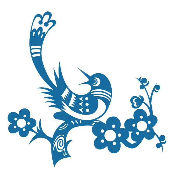 Vector illustration of Magpie standing on plum blossom(Chinese traditional double happiness pattern)