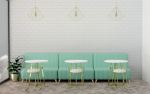 3D rendering coffee shop interior white brick wall and white marble table and white velvet seat