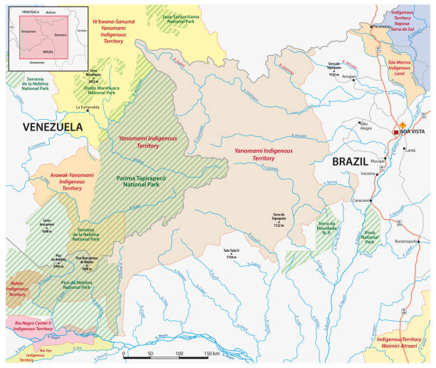 ilustraciones, imágenes clip art, dibujos animados e iconos de stock de mapa del área tribal yanomami en la zona fronteriza venezolano-brasileña - amazonas state