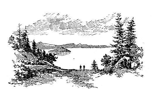Antique illustration of USA, Oregon landmarks and companies: Oregon National Park, Crater Lake