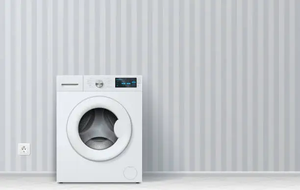 Vector illustration of Modern white washing machine with digital display at empty room home interior realistic vector